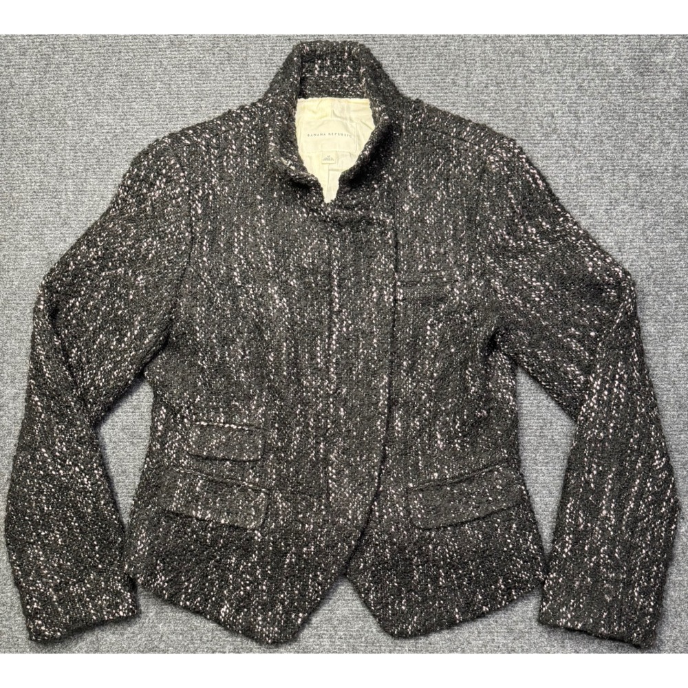 Banana Republic Womens Boucle Zip Jacket Wool Blend Black Cream Tweed Size 10